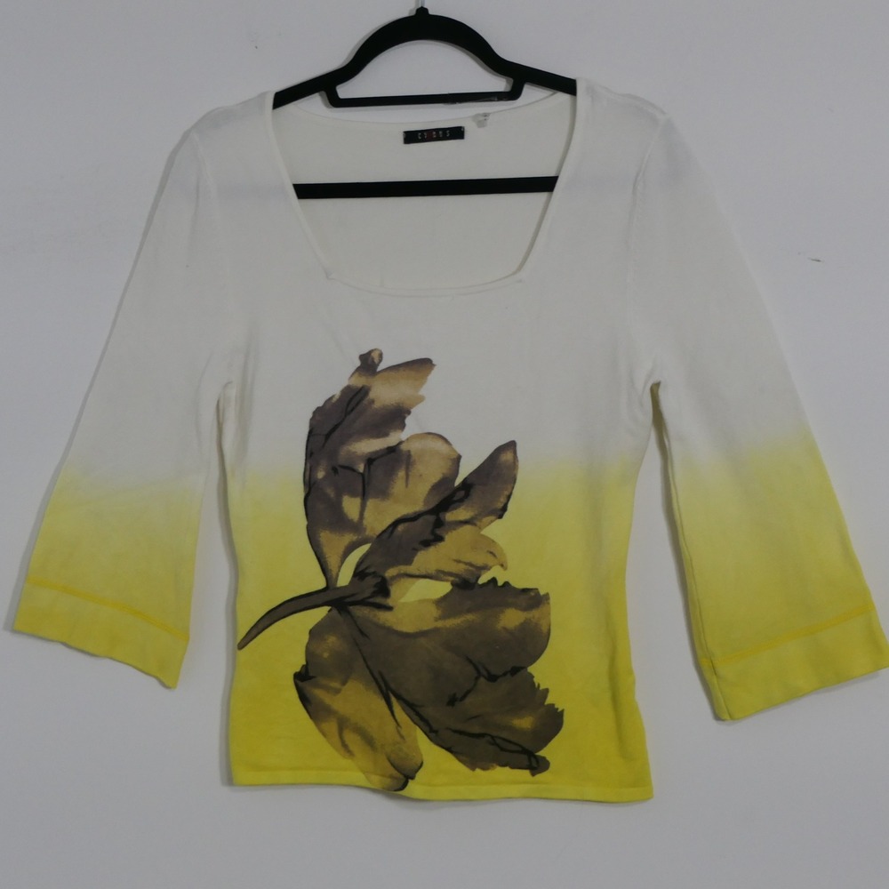 Cyrus Womens Knit Top S Yellow White Floral Ombre Artistic Whimsical Boho